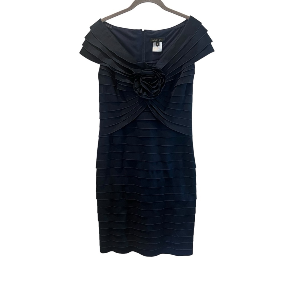 Tadashi Shoji Navy Blue Cocktail Dress Layered Midi Off Shoulder‎  Size 10